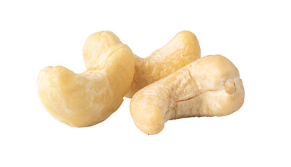 Three cashew nuts falling on transparent background