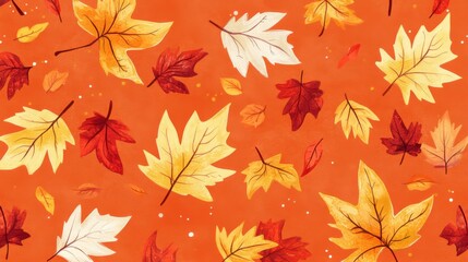 Autumn leaves falling in painted style on orange background seasonal design from above nature illustration