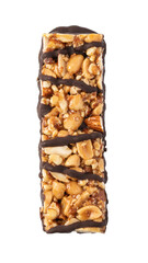 Protein bar with nuts and chocolate drizzle on transparent background