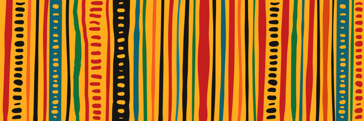 African geometric seamless pattern on yellow background. Abstract ethnic horizontal ornament. Juneteenth celebration background. For greeting card, banner, textiles, wallpaper. Vector illustration.