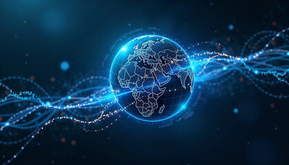 Obraz premium Global Connectivity with Illuminated Earth and Digital Waves for Technology Blogs, Innovation Websites, Science Articles, and Virtual Communication Awareness 