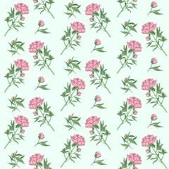 Selbstklebende Fototapeten Tropische Blätter Minimalistic flowers seamless pattern. Delicate pink peony with stem and leaves, small bud on mint background. Botanical spring pattern. For wallpaper, textiles, postcards. Vector illustration.  © Anastasiia