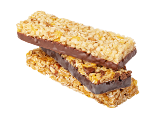 Protein bars with chocolate bottom forming a stack on transparent background
