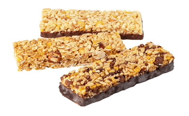 Three cereal bars with chocolate, nuts, and puffed rice on transparent background