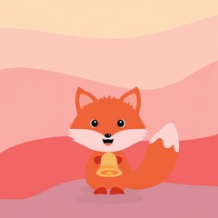 Obraz premium Cute Cartoon Orange Fox Holding a Bell Against Soft Pink and Orange Wavy Background