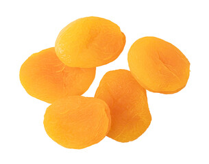 Five dried apricots falling on transparent background