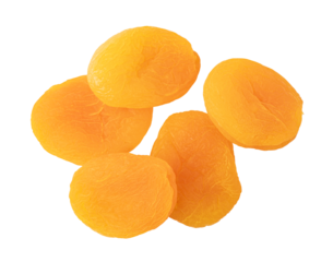 Five dried apricots falling on transparent background