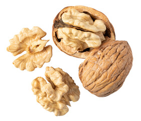 Walnuts falling on transparent background, whole and cracked open