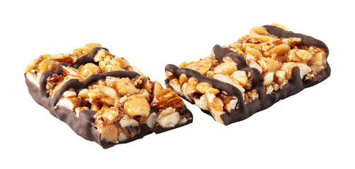 Two protein bars with nuts and chocolate drizzle isolated on transparent background
