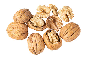 Walnuts on transparent background showing both open and whole nuts