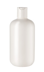 White plastic cosmetic bottle with flip top cap on transparent background