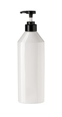 White plastic dispenser bottle with black pump on transparent background