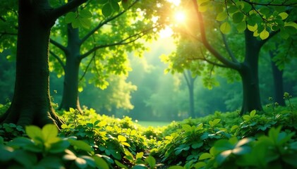 Obraz premium Lush green forest scene, sunlight dappled through leaves , peaceful, earthy, background