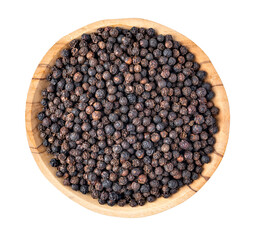 Black peppercorns filling a wooden bowl on transparent background