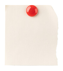 Fototapeta na wymiar Blank white paper note with red push pin on transparent background