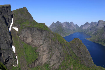 Panoramic aerial view from Mount Reinebringen over mountain peaks and bay of water on the Lofoten Islands in Norway