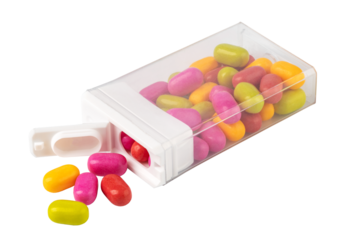 Colorful candies spilling from a plastic box on transparent background