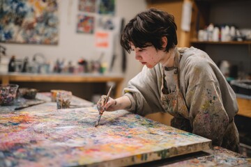 Fototapeta premium A young, focused artist paints on a colorful canvas in the studio, creating expressive artwork.