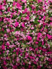 Fototapeta premium Floral display of pink and white flowers in full bloom forming a dense wall garden full frame shot