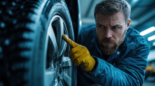 A focused man in gloves inspects a car tire closely, showcasing attention to detail in vehicle maintenance and the importance of vehicle safety for drivers and car enthusiasts alike.