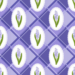 Coquette trellis Hyacinth floral seamless pattern on a checkered background. Vintage Rustic Design. Vector illustration