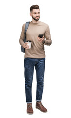 Fototapeta premium Cheerful businessman looking at mobile phone isolated transparent PNG, Full length studio portrait of smiling young man with smartphone