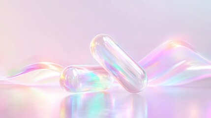 Holographic Pastel Capsule Duo Floating on Futuristic Digital Healthcare Background
