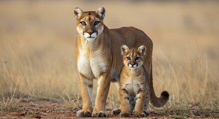 Obraz premium Lioness and Her Playful Cub Strolling Through the African Savanna