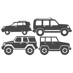 Fototapeta premium Vector illustration set of transportation vehicles including car, truck, and van silhouettes design
