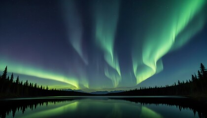 The mesmerizing aurora borealis paints the night sky above a tranquil lake, creating an ethereal scene.