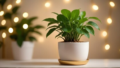 Fototapeta premium A vibrant green plant in a white pot with bokeh lights creates a serene and inviting scene.