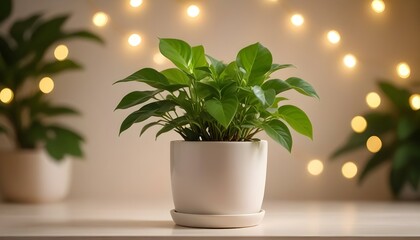 Obraz premium A lush green houseplant in a white pot, softly lit with bokeh in a tranquil indoor scene.
