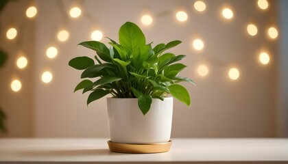 Obraz premium A vibrant green plant in a white pot illuminated by soft, warm lights creating a soothing indoor scene.