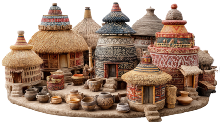 African village scene: Explore a meticulously crafted village of traditional African huts and pottery, evoking the cultural depth and historical richness of the continent.