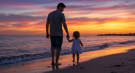 Father and daughter beach sunset walk holding hands family love vacation travel together happy moment