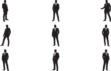 Diverse business professionals stand confidently in various poses showing strength and leadership qualities against a plain white studio backdrop, silhouettes.