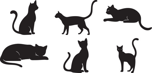 A collection of six distinct black cat silhouettes showcases different poses, creating a versatile set for various design and artistic applications elegantly.