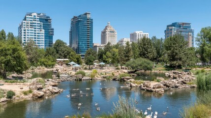 Urban parkland with tall buildings and a serene pond.