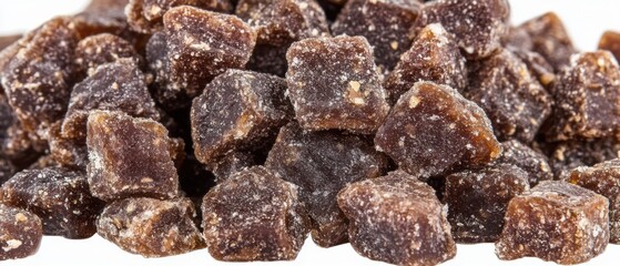 Pile of crystallized ginger candy close up shot against white background food photography studio shot