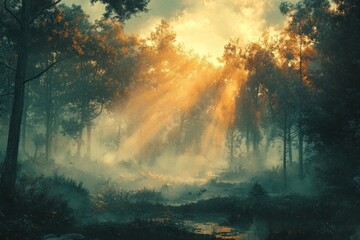 Fototapeta premium Sunbeams pierce misty forest