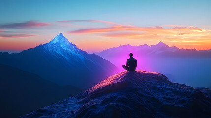 Fototapeta premium Solitary Figure Contemplating a Glowing Mountain Range at Dusk