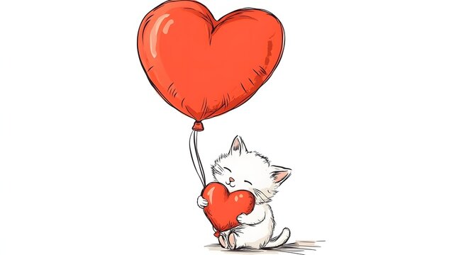 Cute white cat holding a red heart balloon.