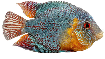 Fototapeta premium Aquatic Jewel: A captivating close-up portrait of a vibrant fish showcases its intricate patterns, radiant colors, and stunning beauty, inviting a deep appreciation for marine life.