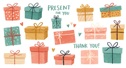 Hand drawn gift boxes and presents illustration set for celebration designs, thank yous, and greeting cards
