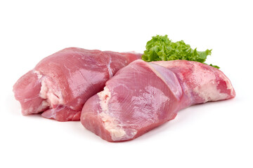 Raw rabbit hind legs with lettuce garnish, isolated on white background.