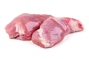 Raw rabbit hind legs with lettuce garnish, isolated on white background.