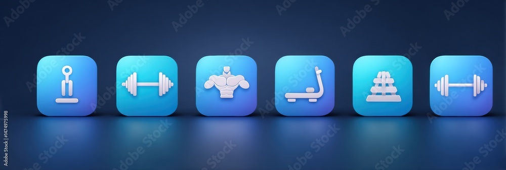 Poster clean minimal gym icon set featuring a muscle icon centered with various fitness symbols in vibrant 