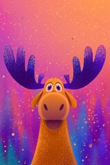 Fototapeta premium Playful Cartoon Moose with Glitter Antlers in Vibrant Pink and Blue Setting