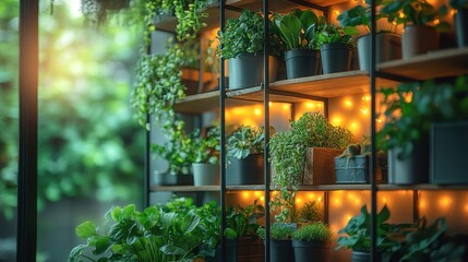 Indoor plant shelf with warm lights.