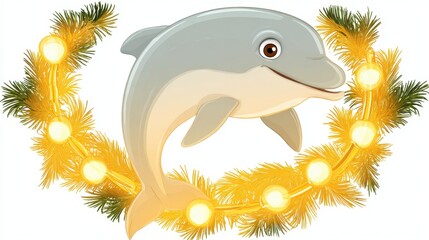 Fototapeta premium Playful Dolphin Leaping Through Glowing Golden Christmas Lights Wreath